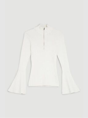 NW/OT Karen Millen / XS / Viscose Blend Rib Knit Half Zip Bell Sleeve Top /White